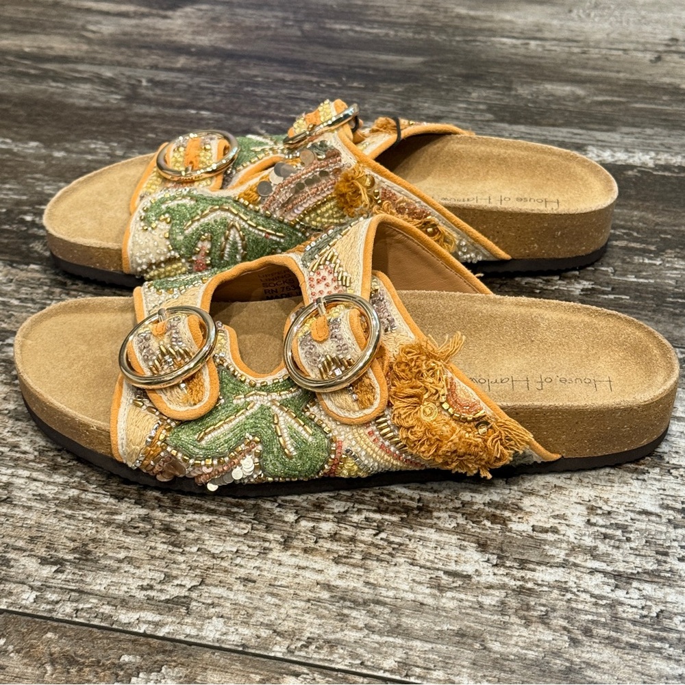 House of Harlow Slides 1960 Beaded Leaf Leather Buckle Sandals Size 8.5 NWT‎ - Picture 14 of 15